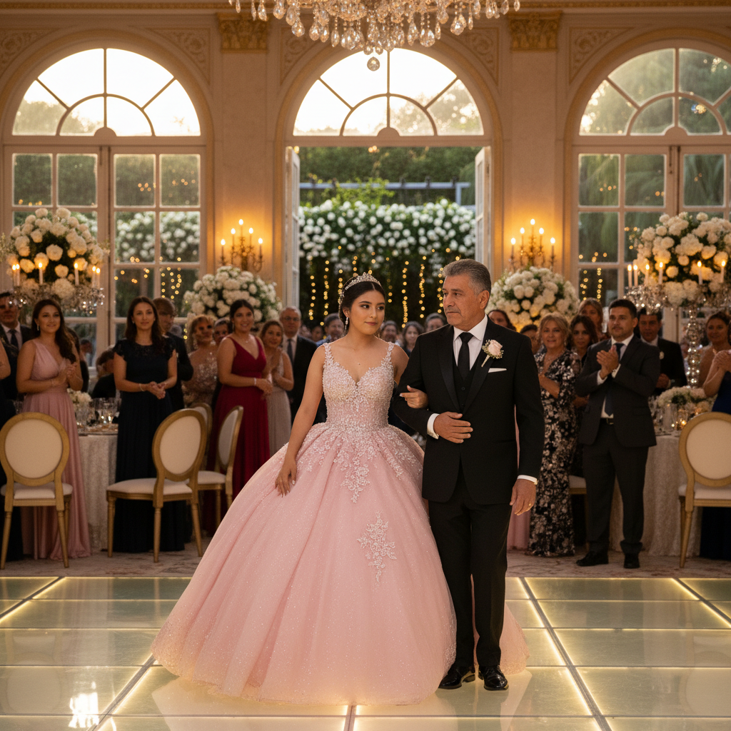 Quinceañera bailando el vals con su papá en una pista iluminada