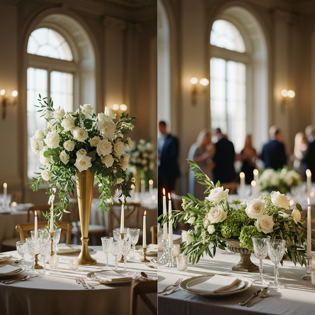 Elegantes centros de mesa altos y bajos en una boda, mostrando el contraste de estilos en la decoración floral de la recepción.