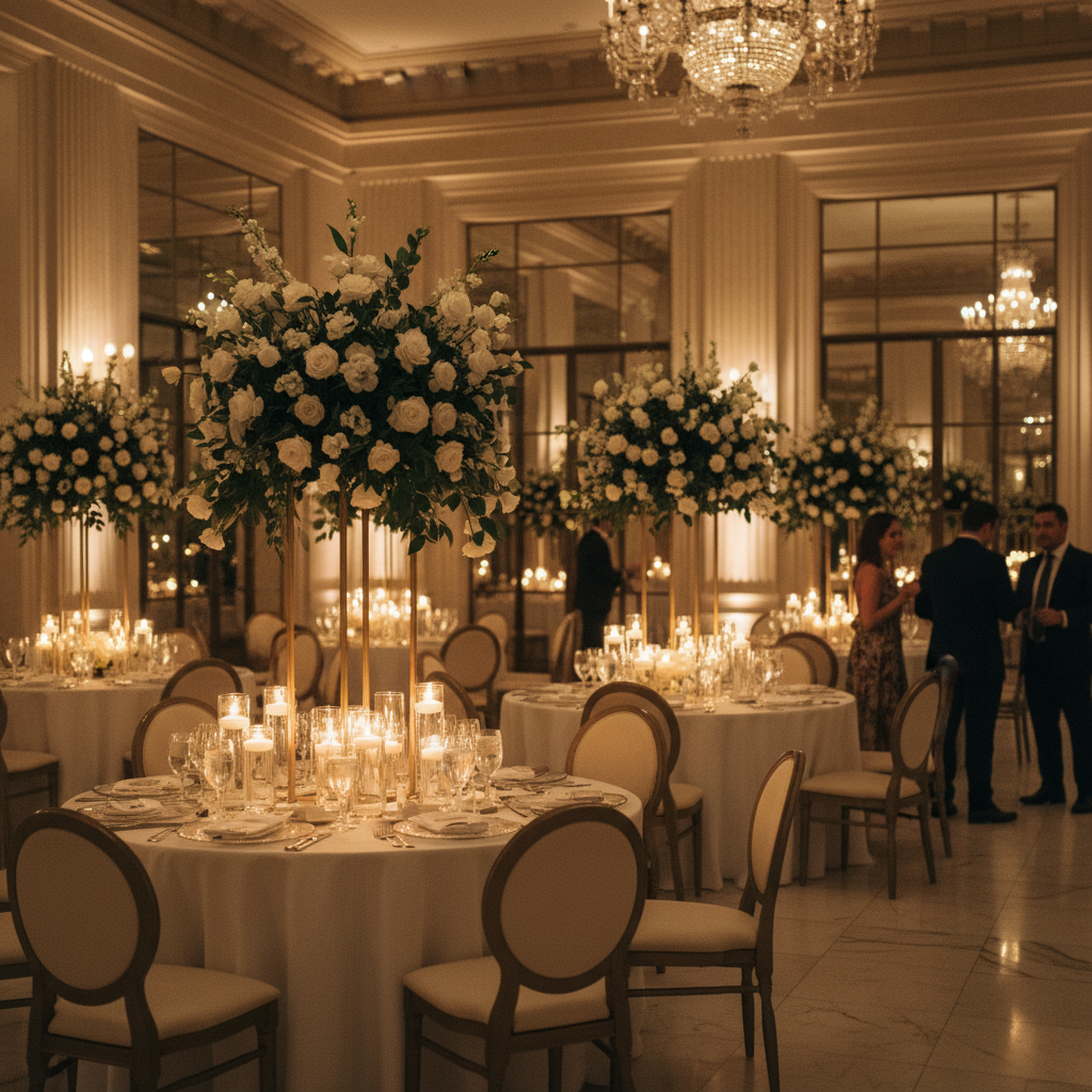 Un impresionante centro de mesa alto con rosas blancas y eucalipto sobre una delgada base dorada, en una boda elegante dentro de un salón con techos altos en CDMX.