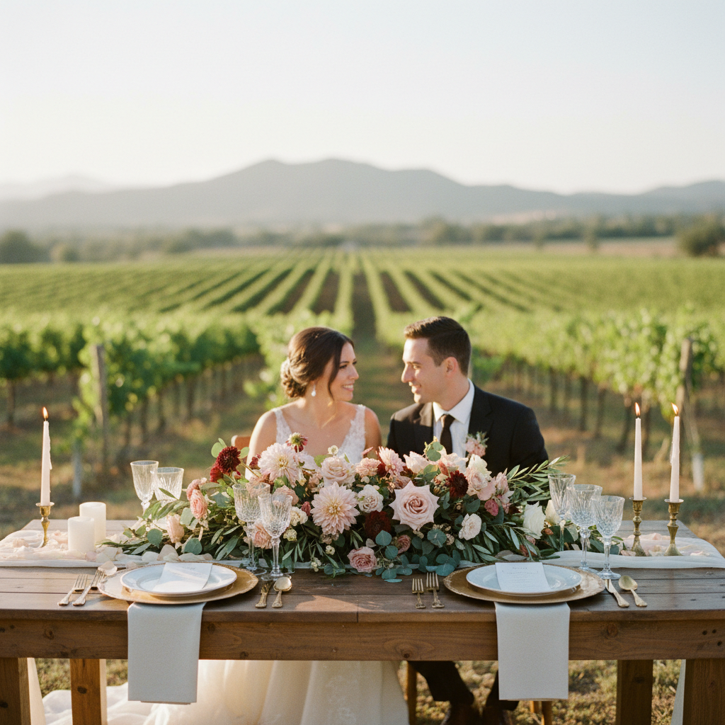 Un hermoso centro de mesa bajo y orgánico con dalias, lisianthus y follaje sobre una mesa de madera, ideal para una boda en un viñedo en Valle de Guadalupe.