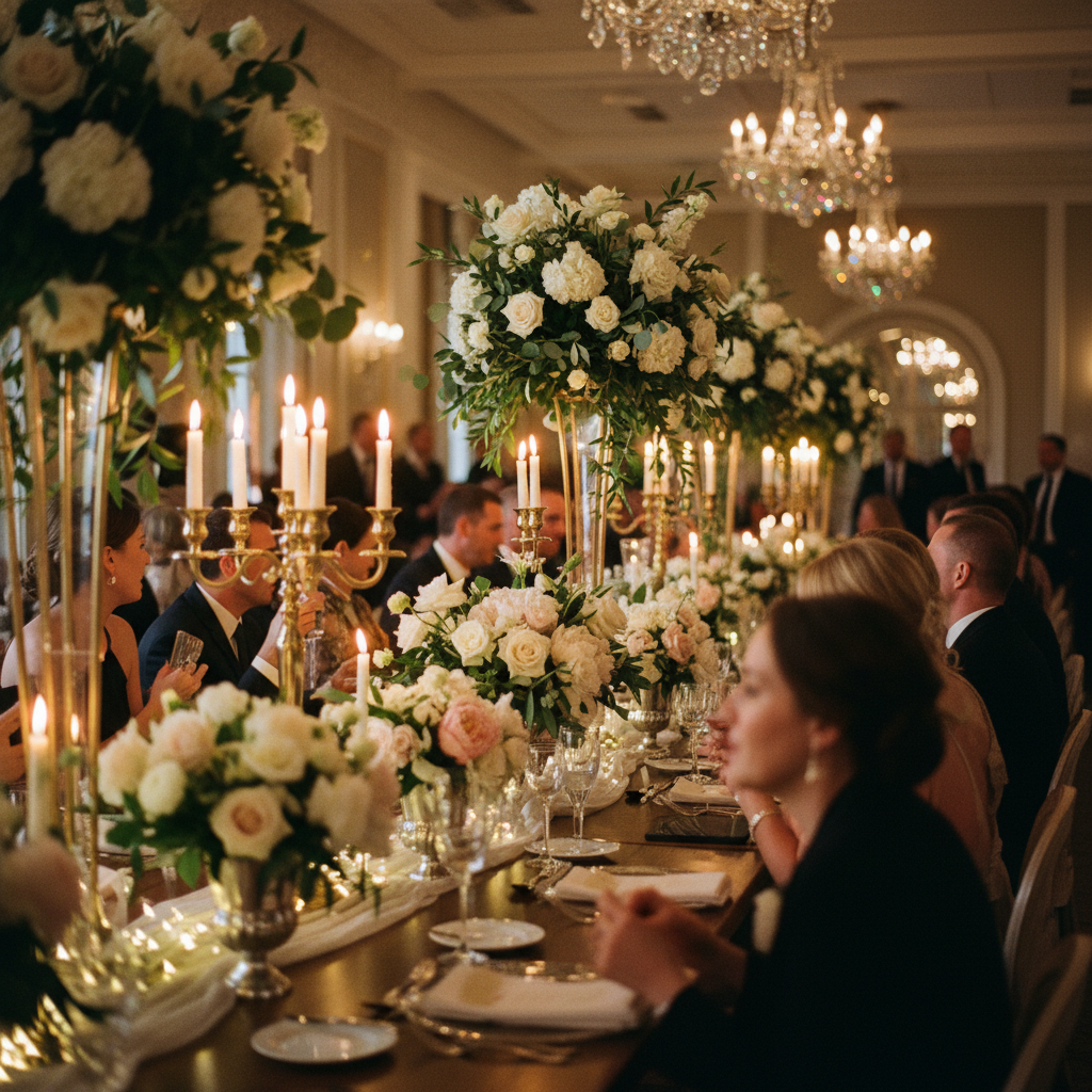 Una vista panorámica de un salón de bodas donde se alternan mesas con centros de mesa altos y bajos, creando un efecto dinámico y elegante.