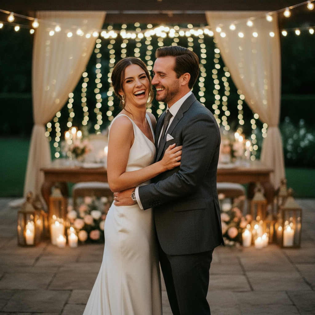 Pareja de recién casados felices, riendo y abrazándose en un ambiente relajado de tornaboda, con decoración festiva y luces cálidas.