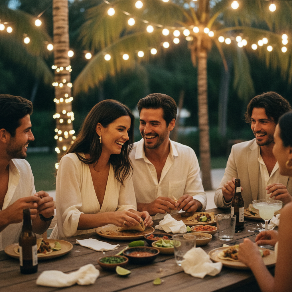 Fotografía de una pareja de novios riendo mientras comen tacos de madrugada en su boda, rodeados de amigos y luces cálidas.