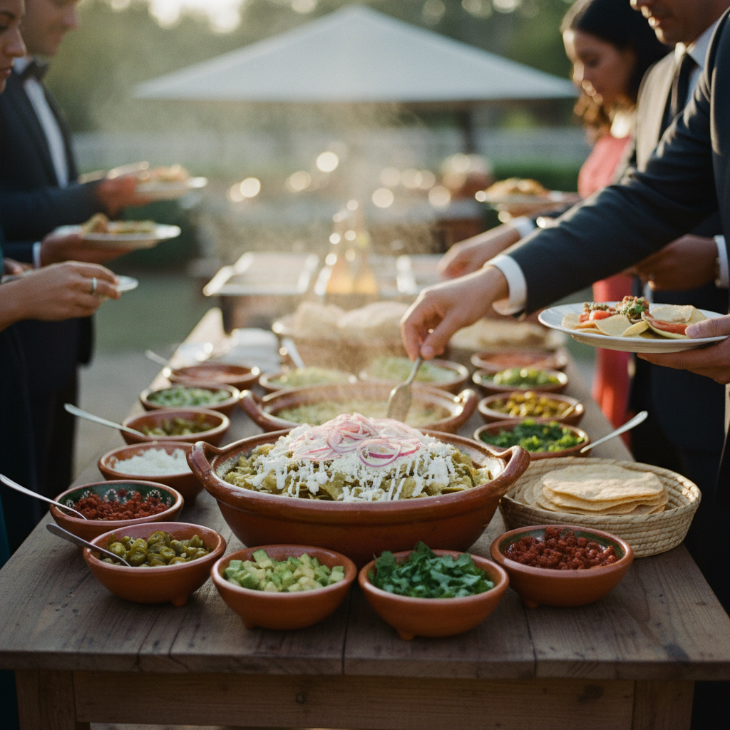 Estación de comida de madrugada en una boda mexicana, con una olla de barro con chilaquiles y varios toppings en cuencos de cerámica.