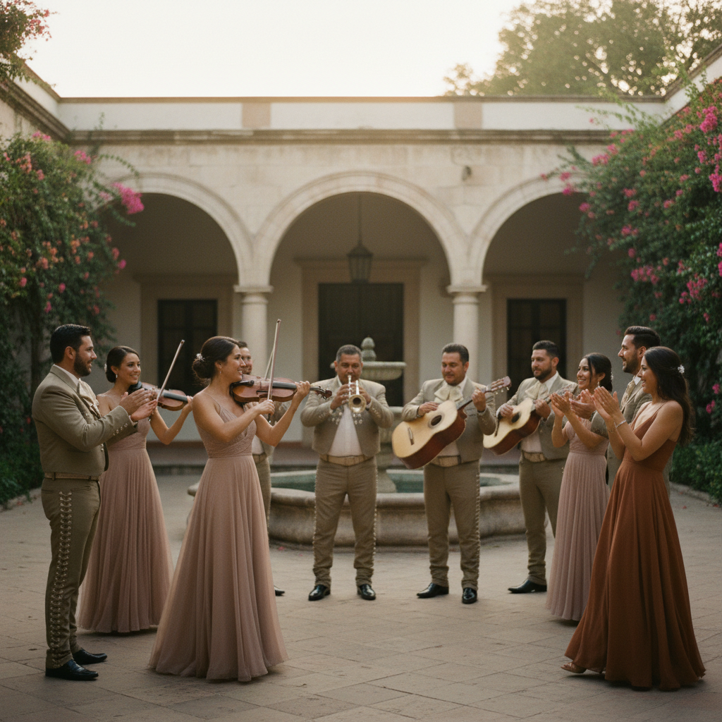 Mariachi tocando para un grupo pequeño de invitados en el patio de una hacienda al amanecer.