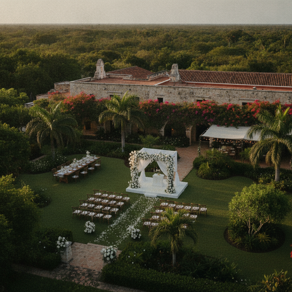 Vista aérea de una hermosa hacienda colonial en Yucatán, México, con exuberantes jardines y un área de ceremonia al aire libre preparada para una boda.