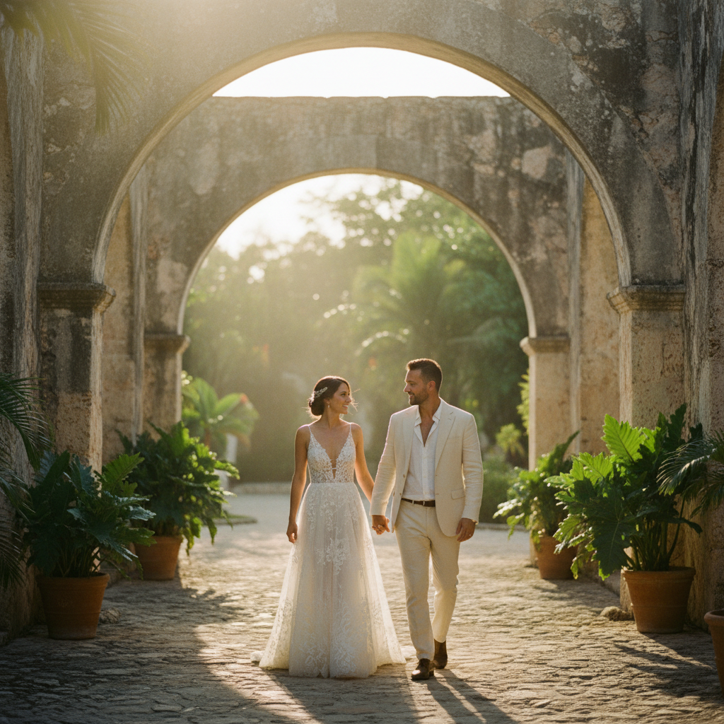 Una pareja de novios caminando por los arcos de una hacienda yucateca restaurada, iluminada por el atardecer.