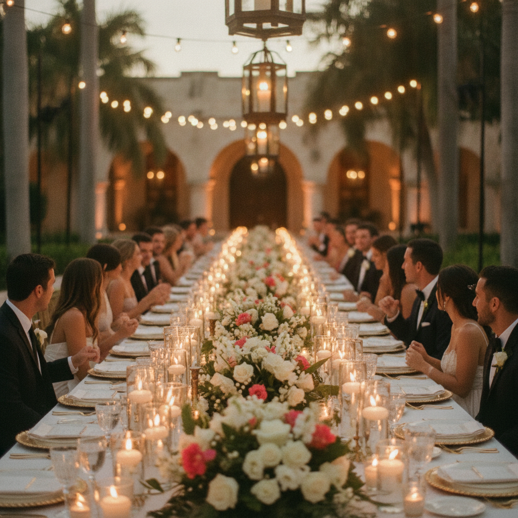 Una mesa de banquete de boda imperial montada en el jardín de una hacienda en Yucatán, con flores tropicales y velas.