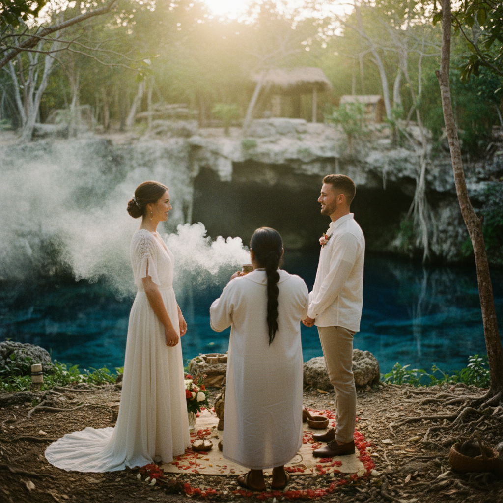 Una pareja de recién casados participa en una ceremonia maya simbólica frente a un cenote en Yucatán.