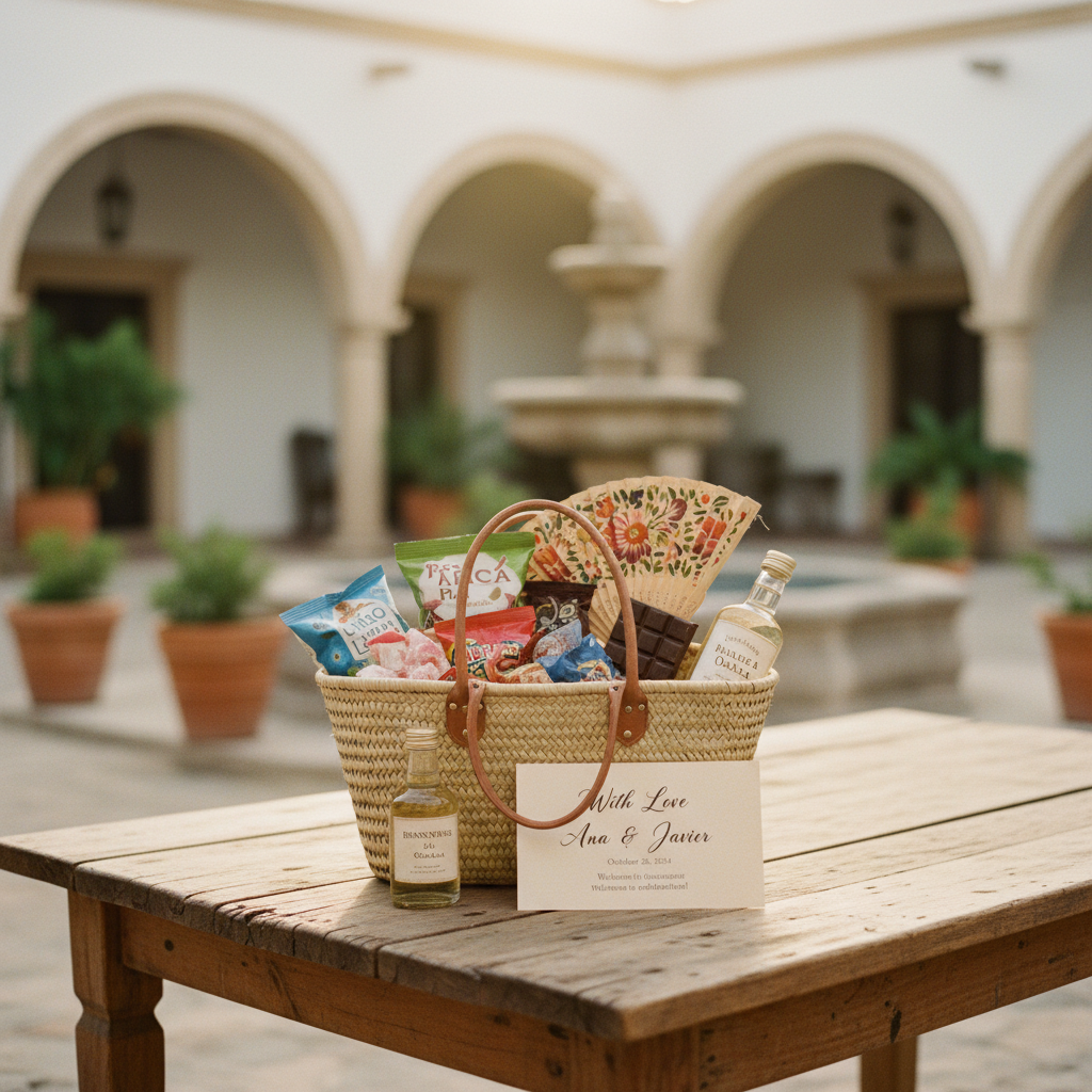 Welcome bag para boda en México con snacks artesanales, tequila, abanico y nota de bienvenida, sobre una mesa de madera rústica.