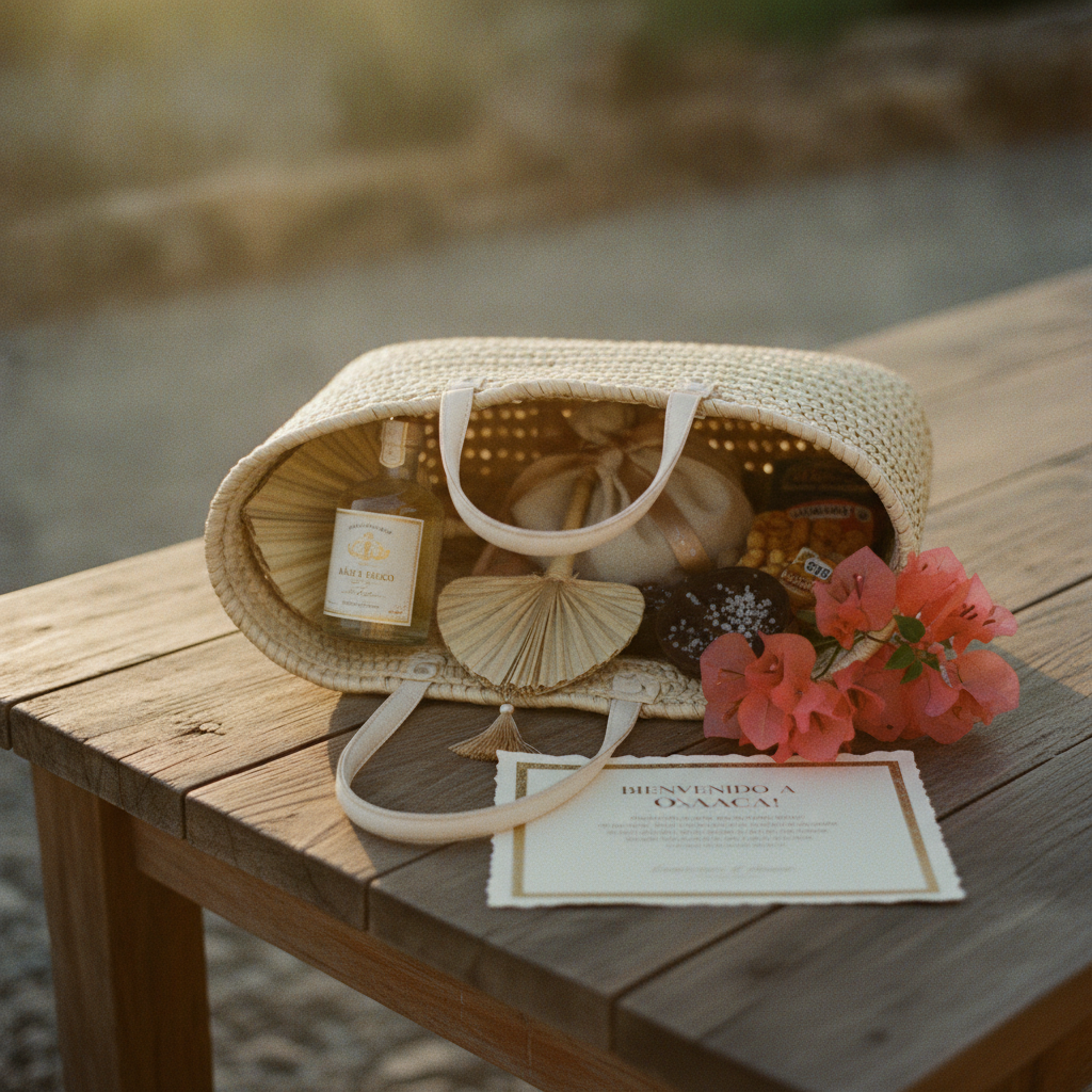 Una welcome bag para boda en México, con snacks artesanales, una botella de tequila, un abanico y una nota de bienvenida. Estilo editorial, luminoso y de lujo.
