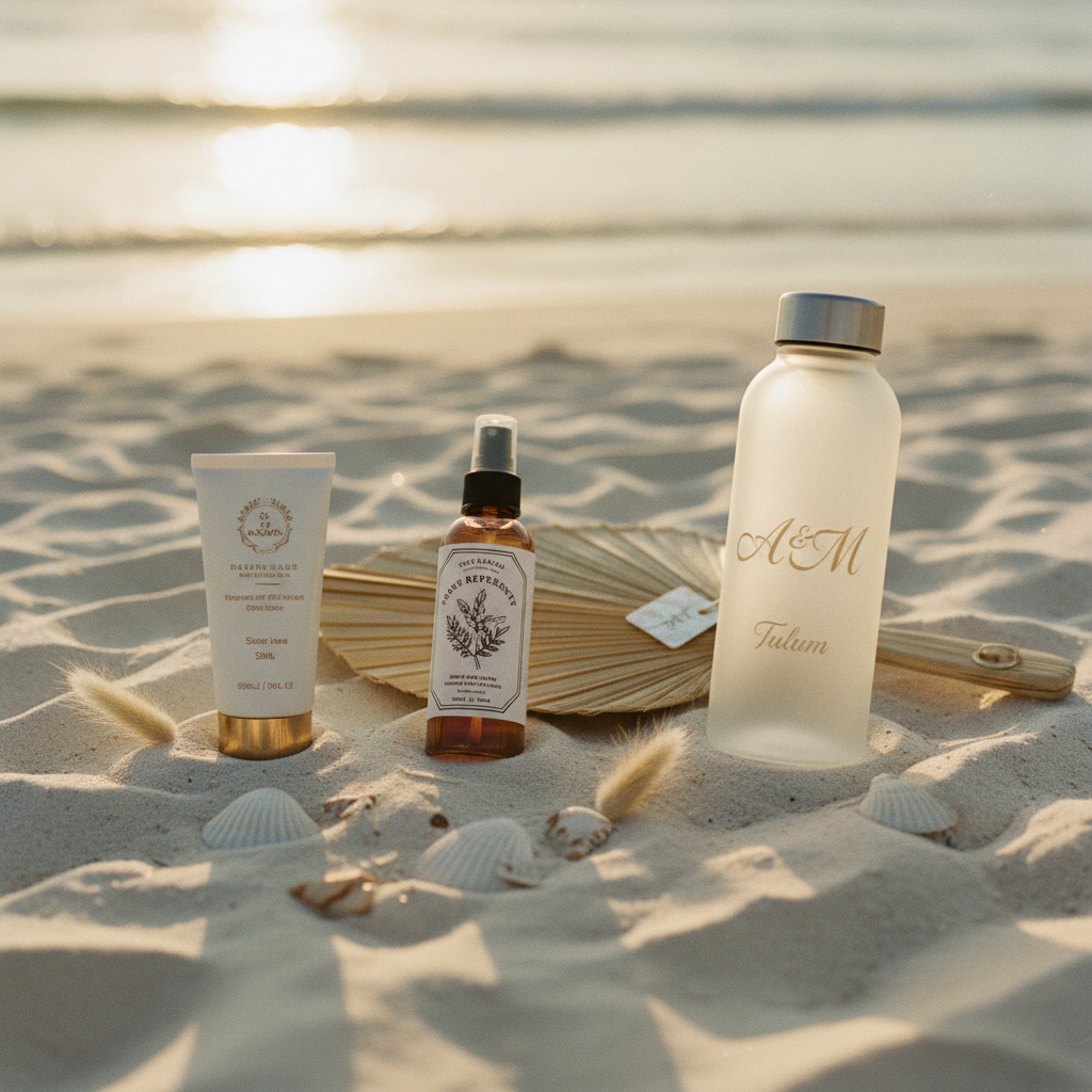 Flat lay de artículos para una welcome bag de boda en un destino de playa como Tulum, incluyendo protector solar, repelente artesanal, un abanico de palma y una botella de agua personalizada.