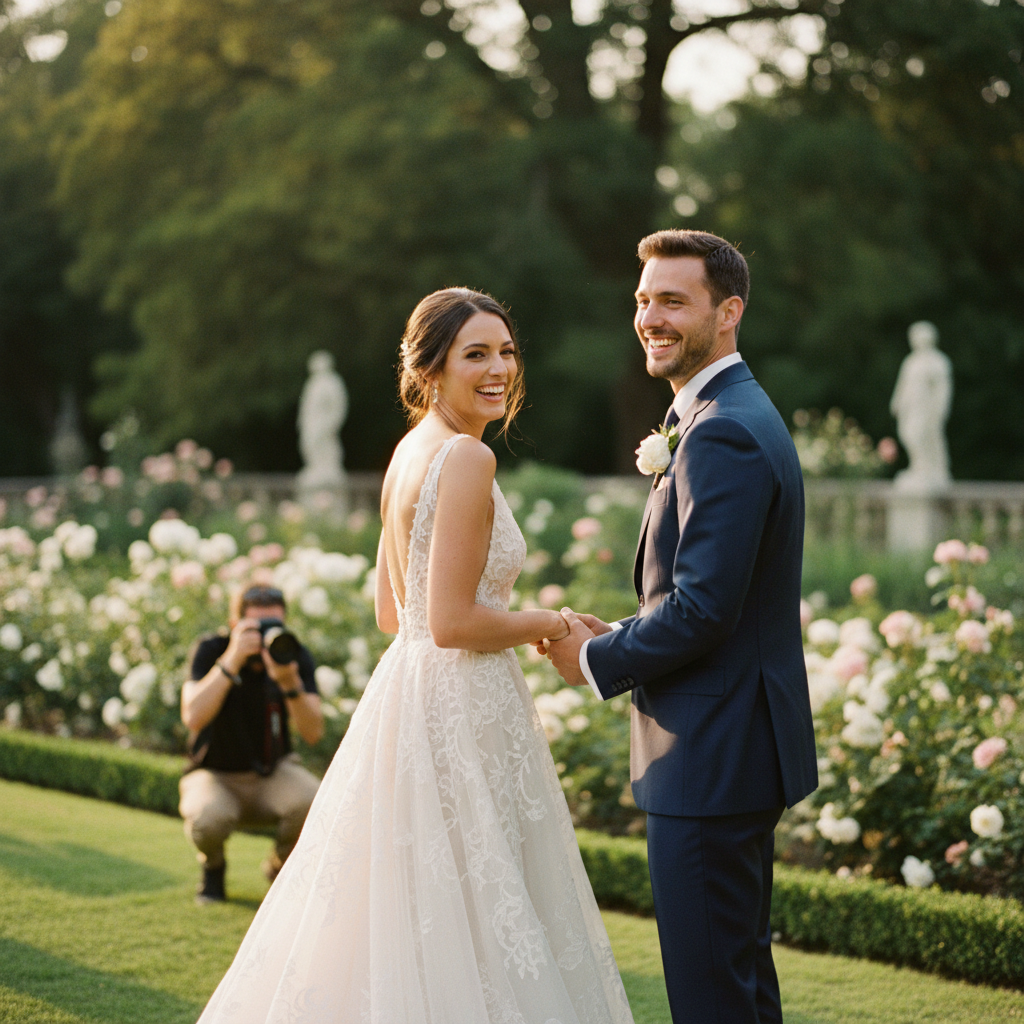 Pareja de recién casados felices posando en un bello jardín, con un fotógrafo en segundo plano capturando el momento.