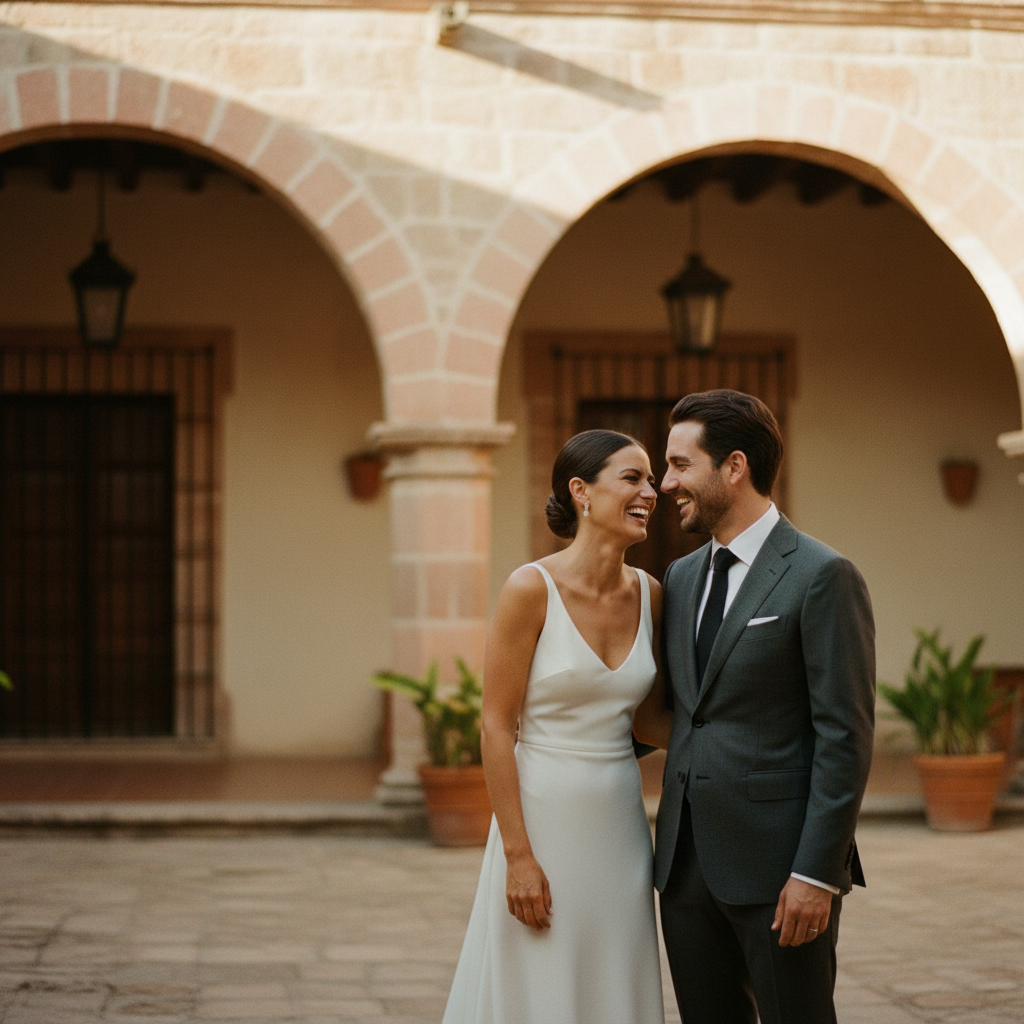 Una pareja de novios durante una sesión de fotos de boda, ilustrando cuánto cuesta un fotógrafo de bodas en México.