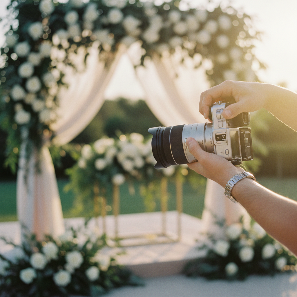 Un fotógrafo de bodas profesional en acción durante una ceremonia.
