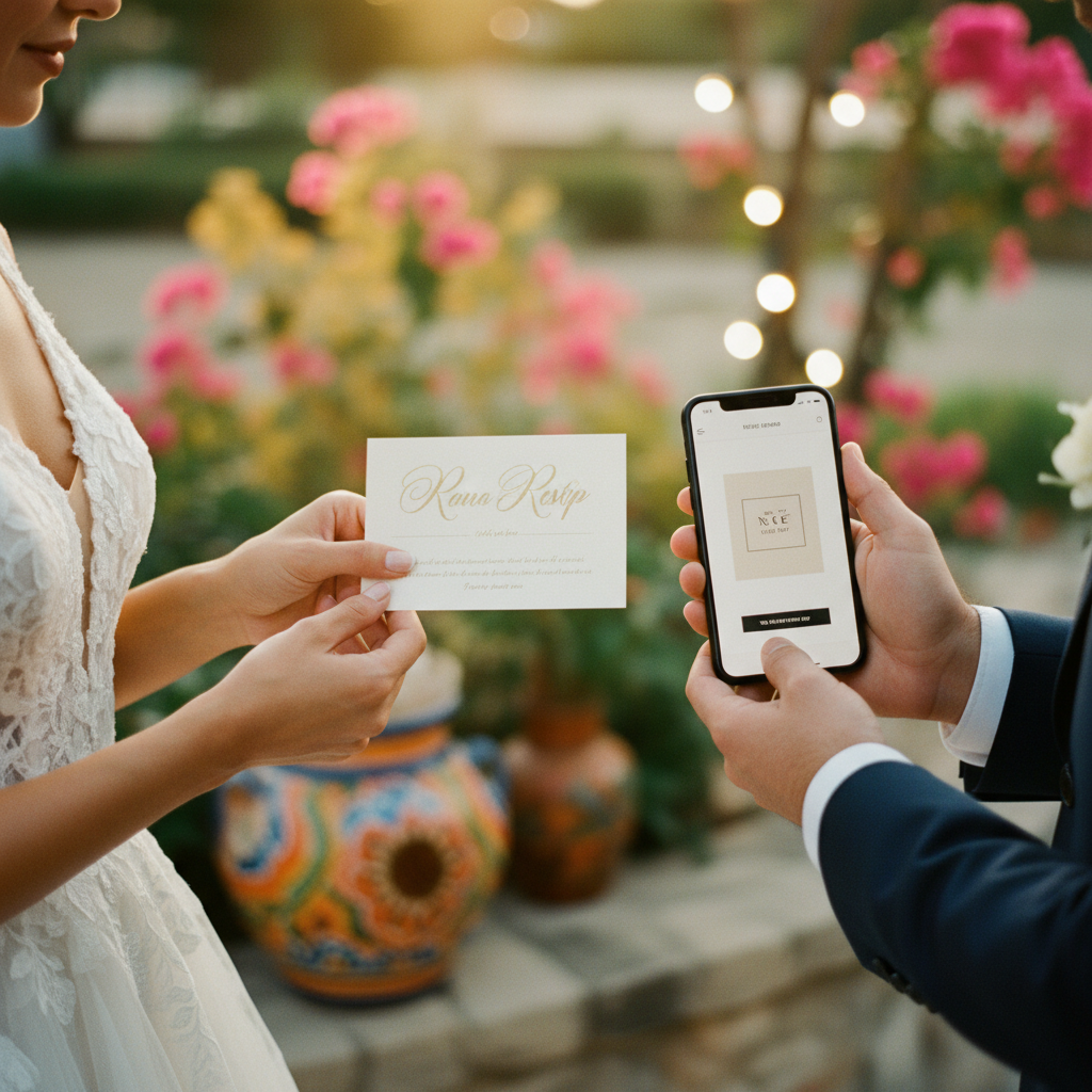 Pareja de recién casados sosteniendo una tarjeta RSVP de boda elegante junto a un teléfono mostrando un RSVP digital, con un fondo festivo de boda mexicana.