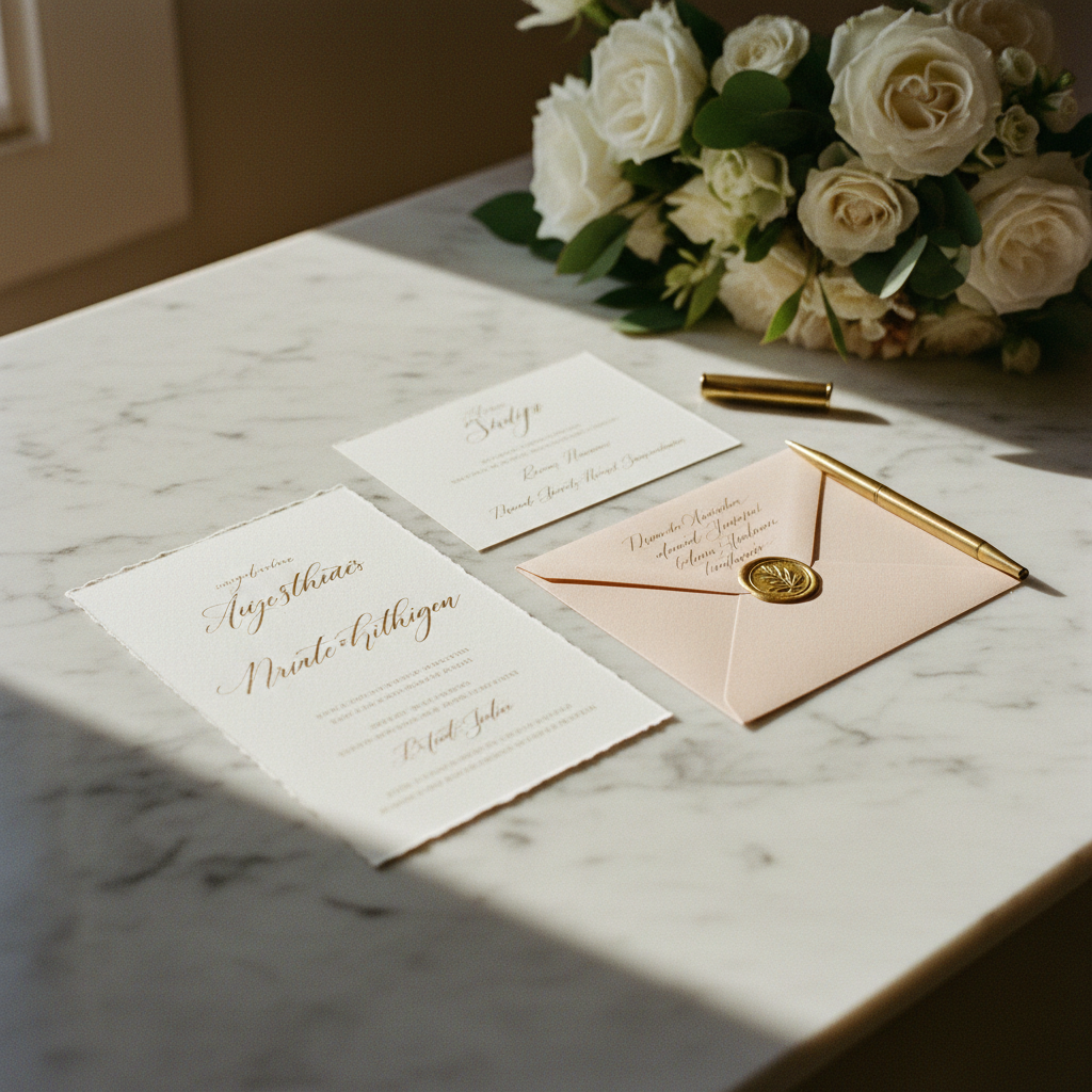 Una elegante invitación de boda de papel sobre una superficie de mármol, con la tarjeta de RSVP y un sobre timbrado al lado.