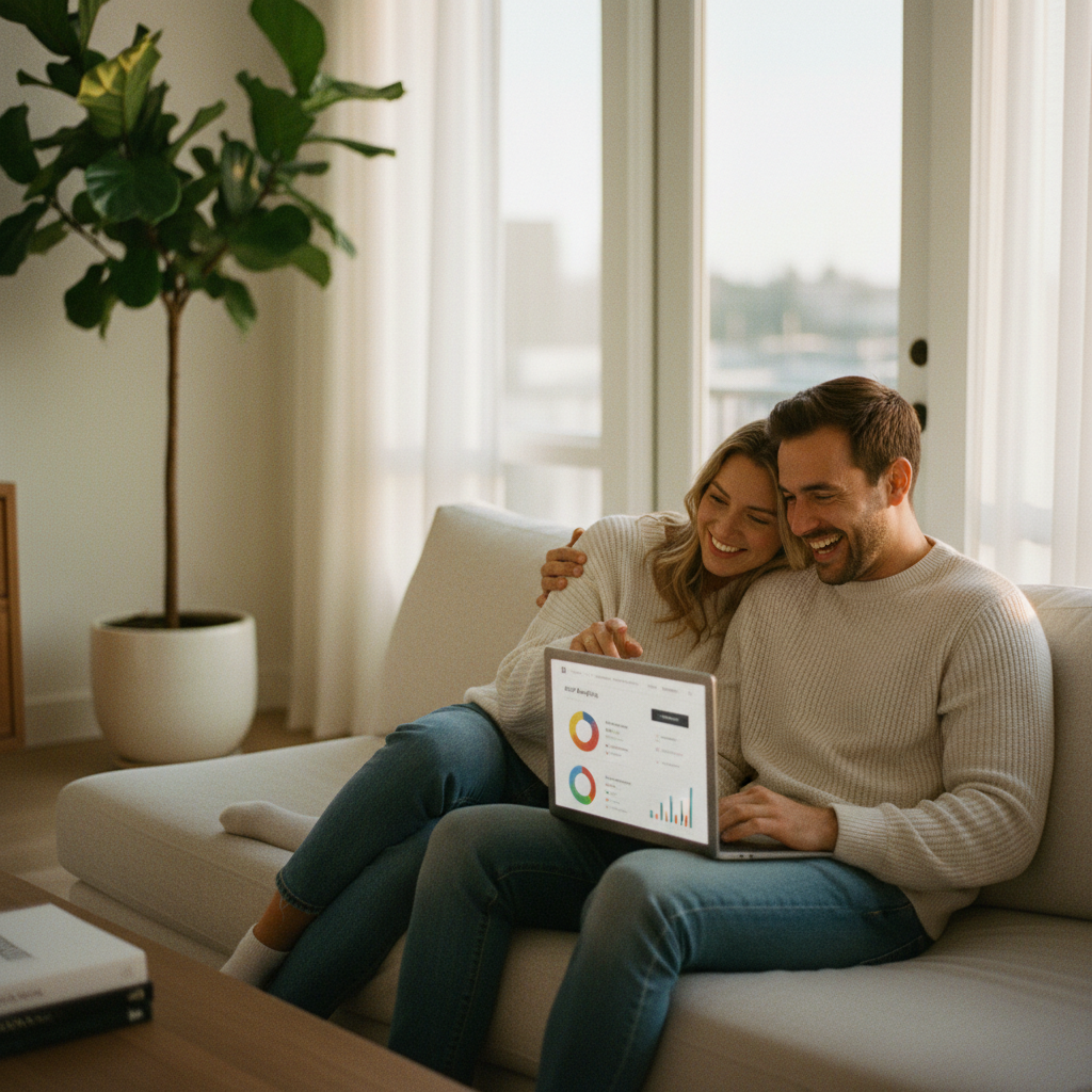 Una pareja sonriente en su sala usando una laptop para revisar su página de boda y las confirmaciones de RSVP, con gráficos de pastel mostrando las respuestas.