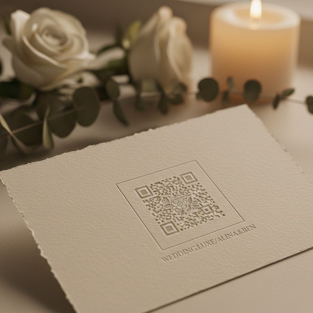 Detalle de una invitación de boda de diseño minimalista donde se ve claramente un código QR y la URL del sitio web de la boda.