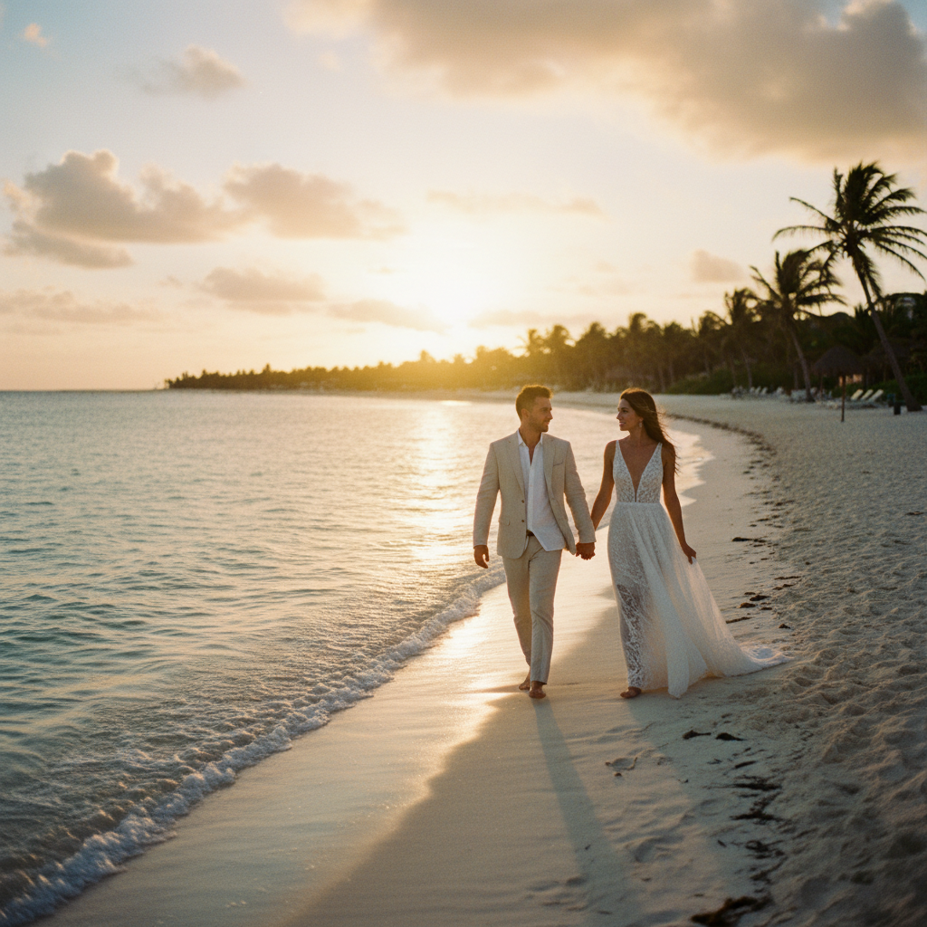 Pareja recién casada disfrutando de la playa al atardecer en Tulum, con palmeras y mar turquesa de fondo.