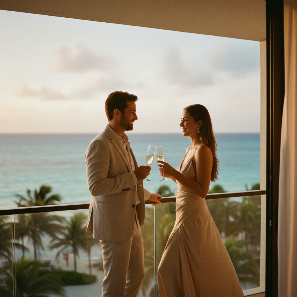 Una pareja viendo el atardecer desde el balcón de una suite de lujo en un resort todo incluido en Tulum, con vista al mar Caribe.