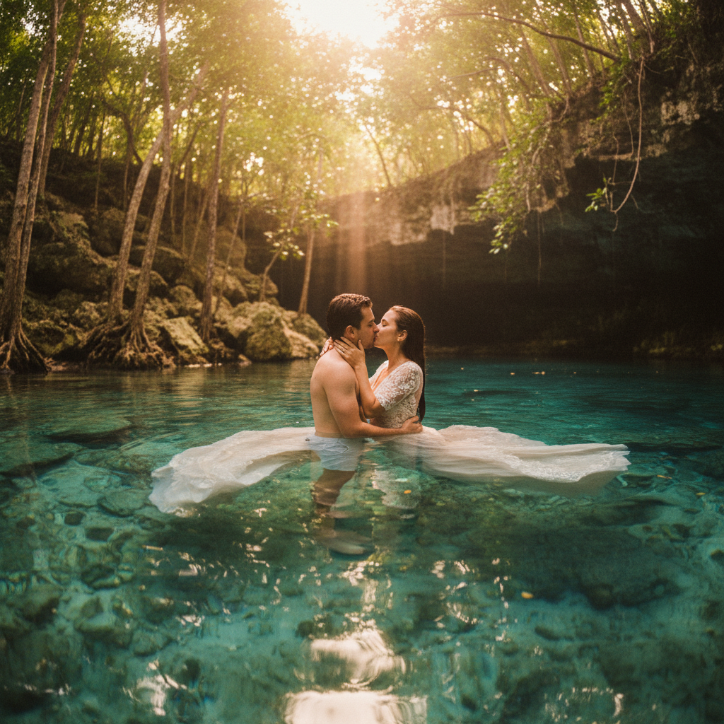 Una pareja nadando en las aguas cristalinas y azules de un cenote abierto, rodeado de vegetación selvática y raíces de árboles.