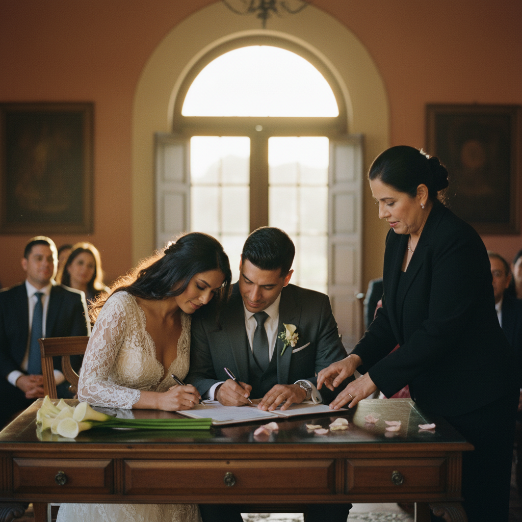 Pareja multicultural elegante firmando su acta de matrimonio oficial con un juez en su boda civil en México.