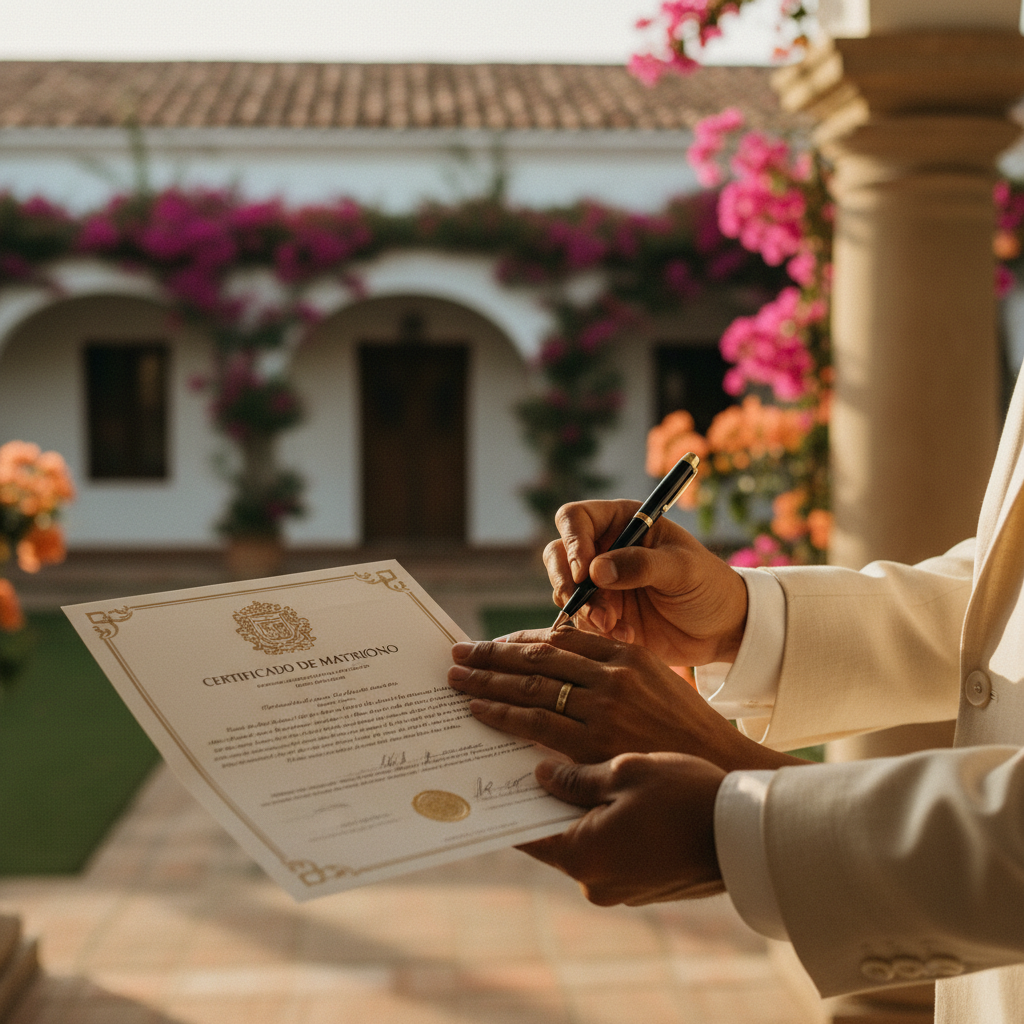 Pareja firmando acta de matrimonio legal en su boda destino en México