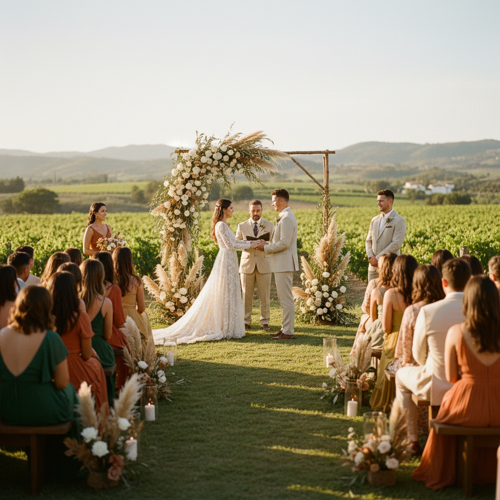 Pareja celebrando su boda en un viñedo de Valle de Guadalupe, México, al atardecer, con invitados sentados y una estética natural y sofisticada.