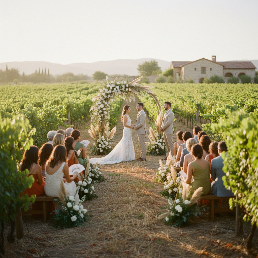 Pareja celebrando su boda en un viñedo de Valle de Guadalupe, que ilustra cuánto cuesta una boda en Valle de Guadalupe