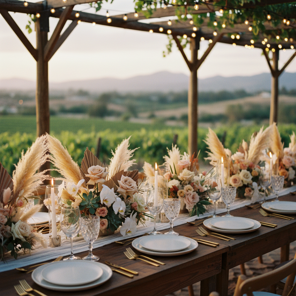 Mesa de banquete de boda elegante en Valle de Guadalupe.