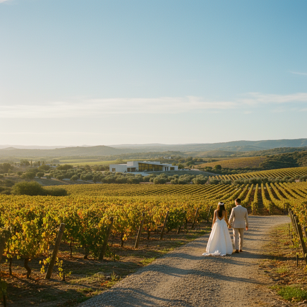 Vista panorámica de un viñedo en Valle de Guadalupe, ideal para bodas.