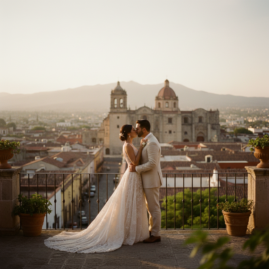 Vista panorámica de la ciudad de Oaxaca al atardecer, con la cúpula de la iglesia de Santo Domingo destacando en el horizonte, creando un ambiente romántico y cultural para una luna de miel.