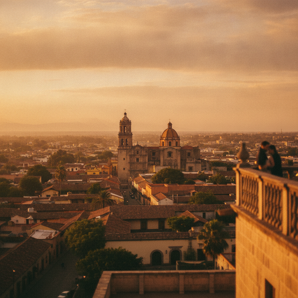 Vista panorámica de la ciudad de Oaxaca desde un balcón al atardecer, con la iglesia de Santo Domingo en el fondo, colores cálidos y cielo despejado.