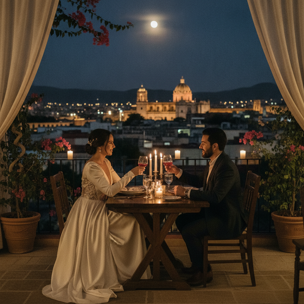 Una pareja disfruta de una cena privada en una terraza de un hotel boutique en Oaxaca, con velas y vista a la ciudad iluminada de noche.