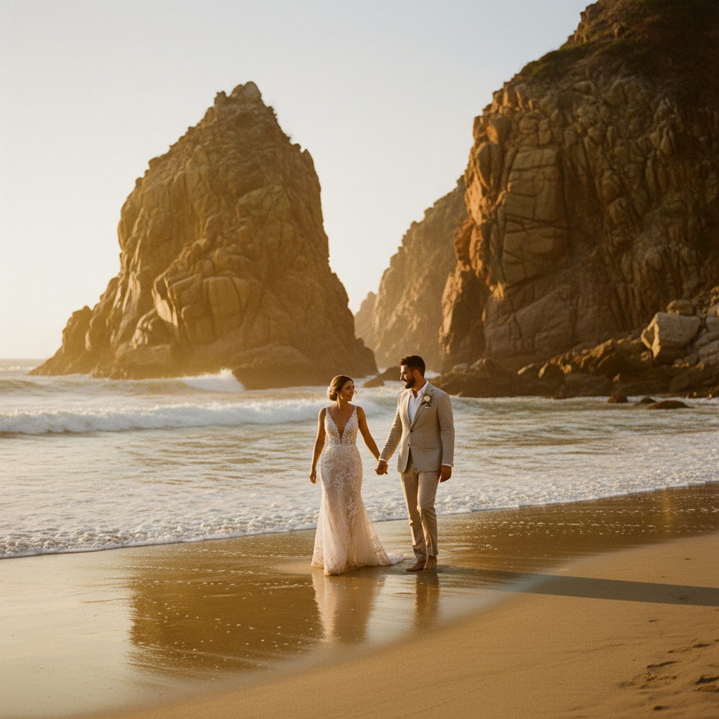 Una pareja caminando de la mano por una playa virgen en la costa de Oaxaca al atardecer, con formaciones rocosas en el fondo y olas suaves.