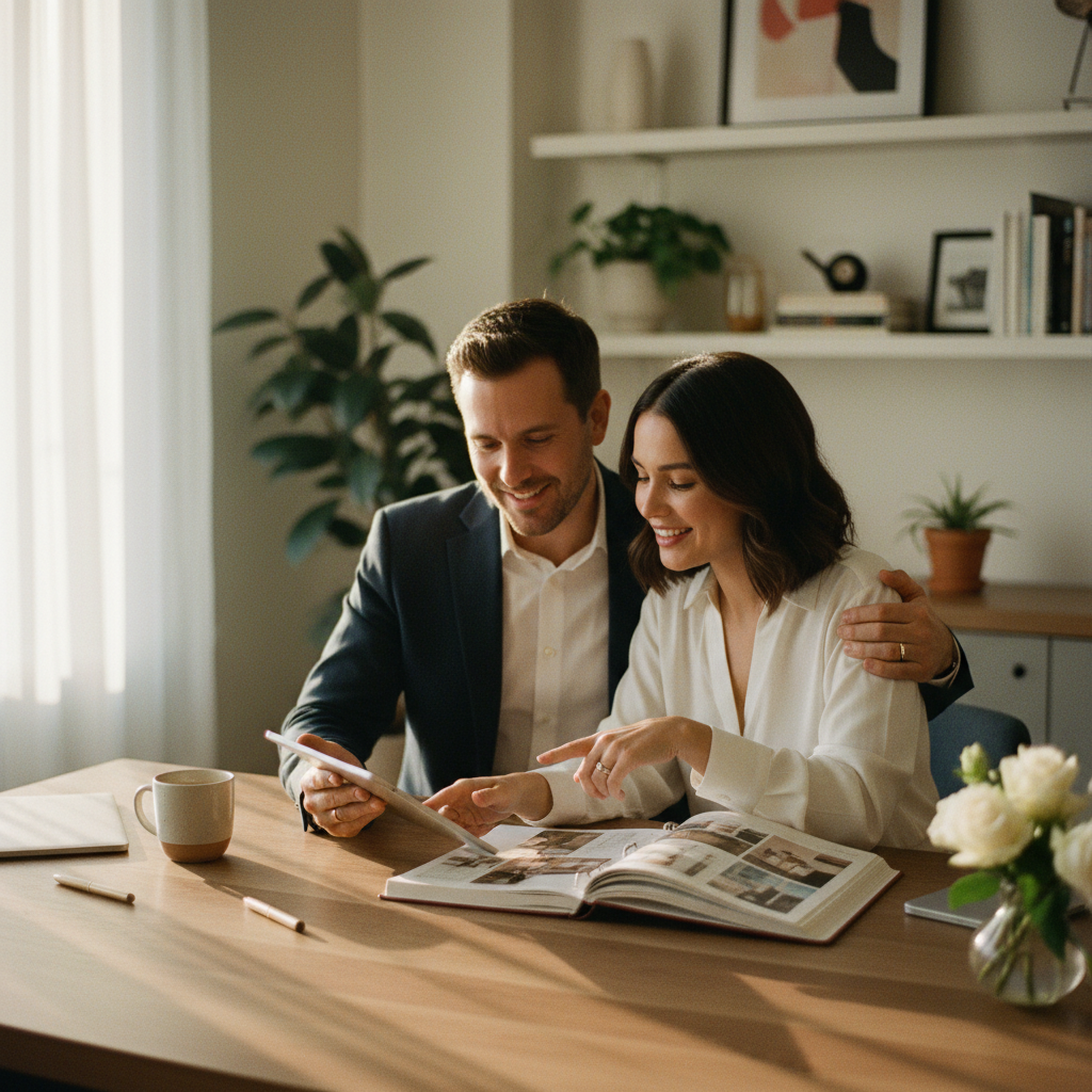 Pareja feliz revisando un planificador de bodas y una calculadora, simbolizando la planificación y el presupuesto de su boda para 2026.