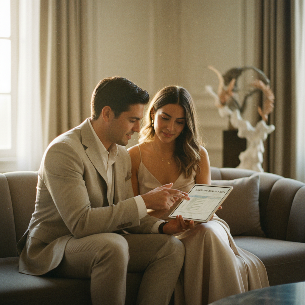 Pareja revisando su presupuesto de boda en una tablet - errores de presupuesto de boda