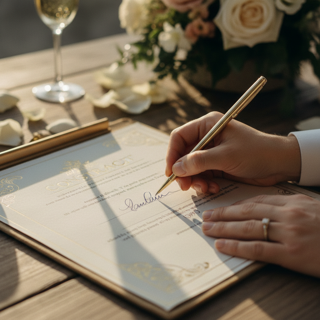 Detalle de un contrato de boda siendo firmado