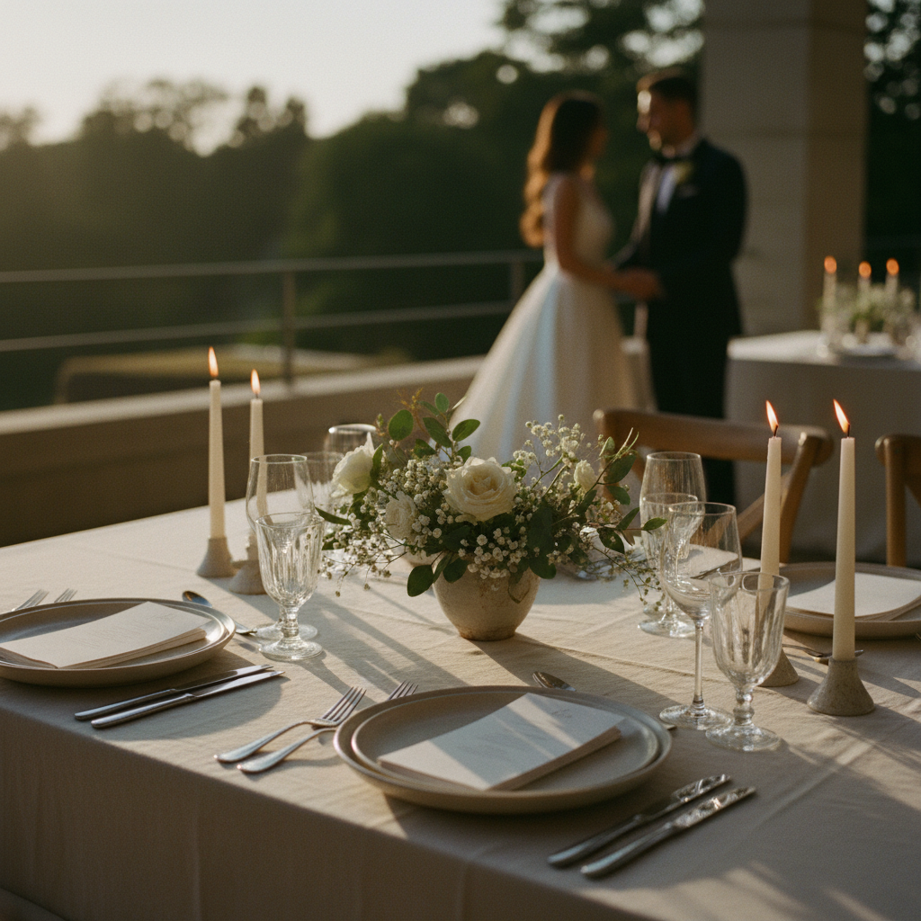 Mesa de boda elegante pero minimalista
