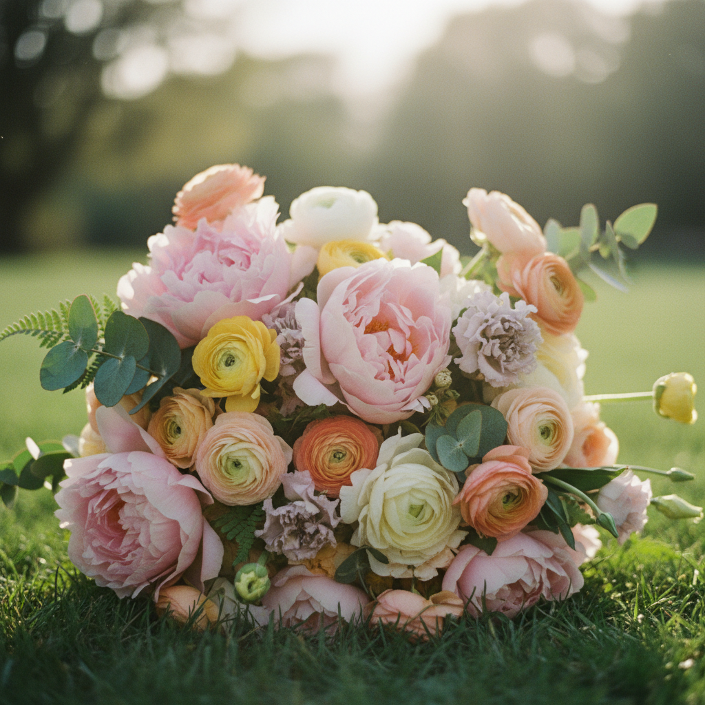 Ramo de novia con flores variadas de primavera en tonos pastel, con peonías, ranúnculos y follaje verde.