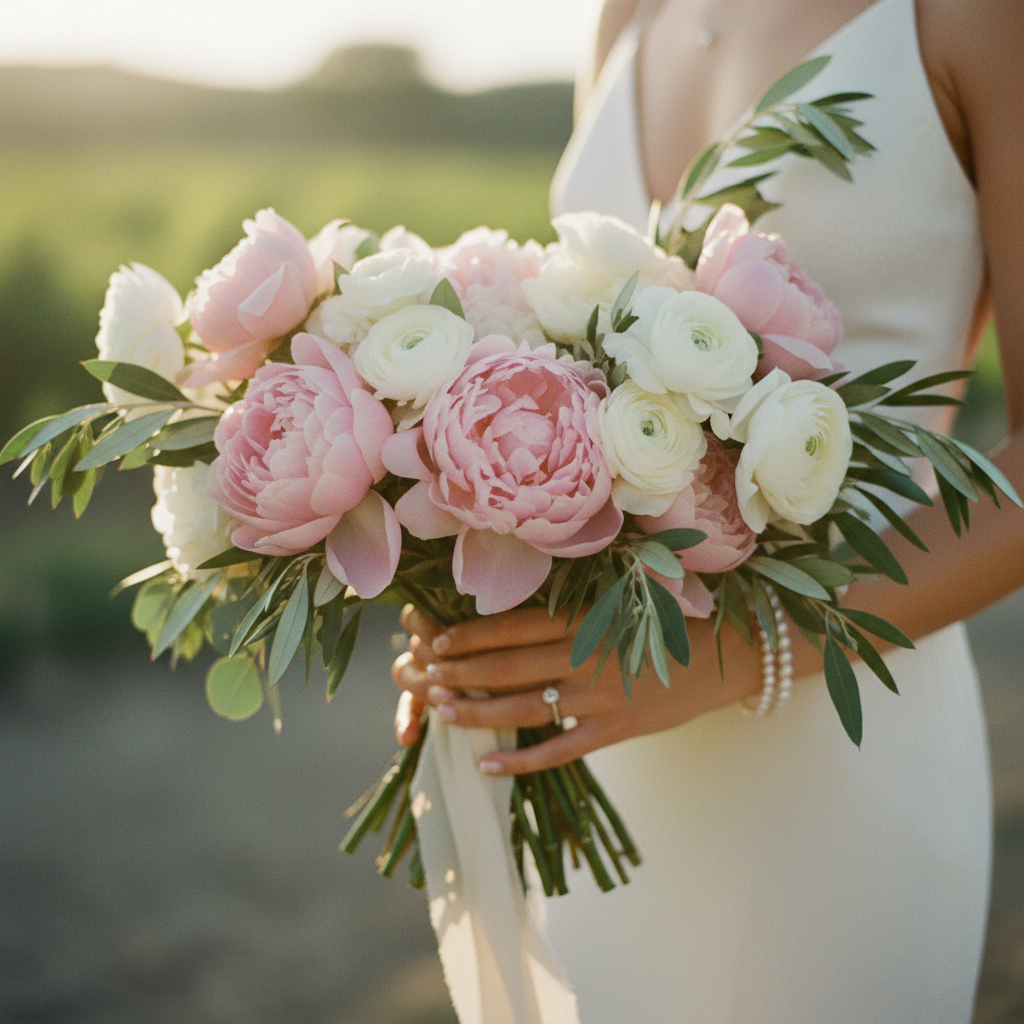 Ramo de novia con peonías y ranúnculos para una boda en primavera