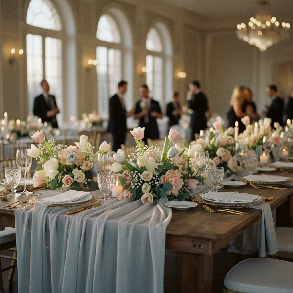 Montaje de mesa para boda de primavera con centros de mesa de flores de temporada