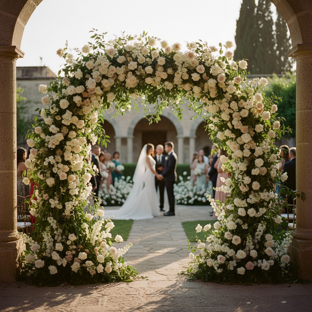 Arco de ceremonia floral para una boda de primavera al aire libre