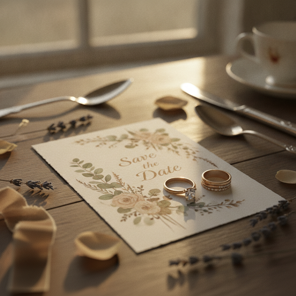 Save the Date de boda con detalles florales rústicos sobre una mesa de madera, con anillos de compromiso y ambiente romántico