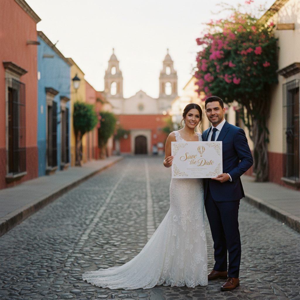 Una pareja sonriente en una calle colonial de San Miguel de Allende, sosteniendo una tarjeta de 'Save the Date' con diseño elegante.