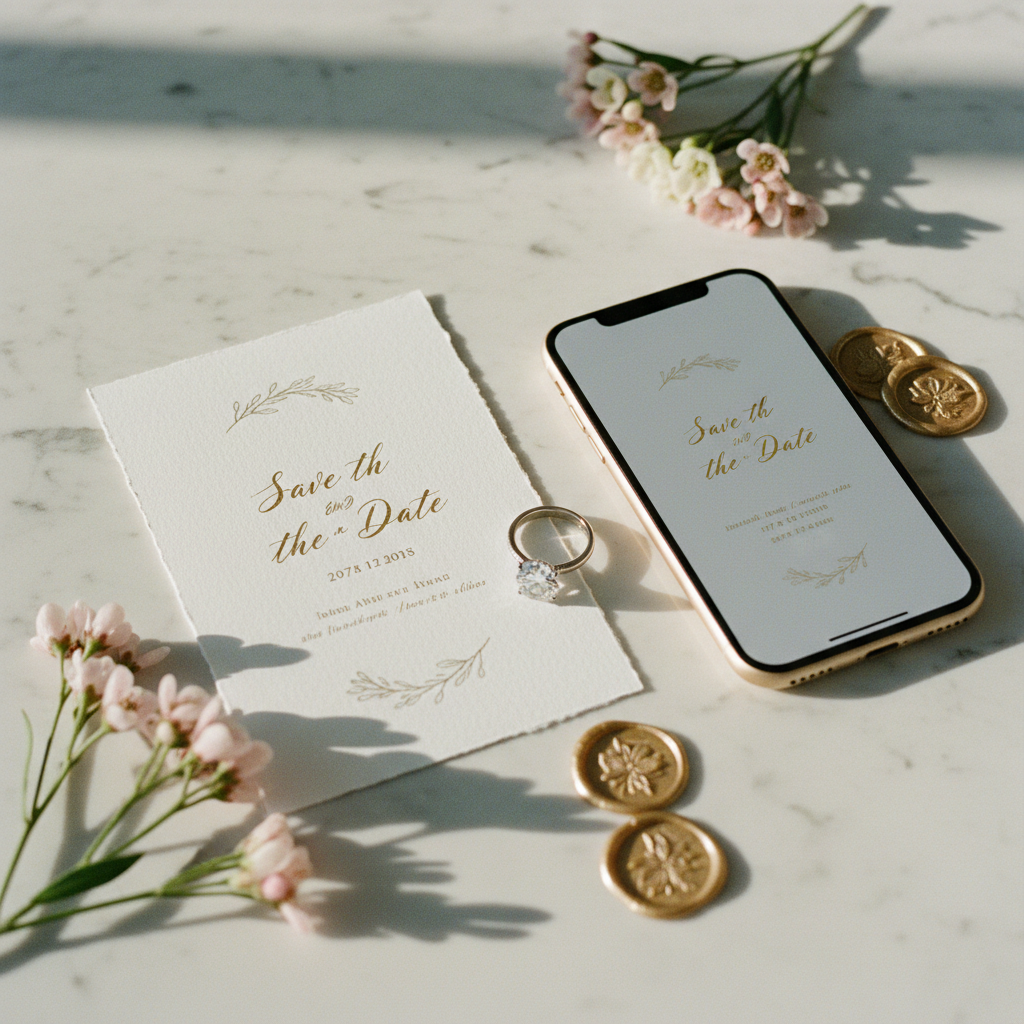 Un flat lay editorial sobre una mesa de mármol con papelería de boda: un save the date impreso en papel de algodón, al lado de un iPhone mostrando la versión digital, con un anillo de compromiso y flores de cera.