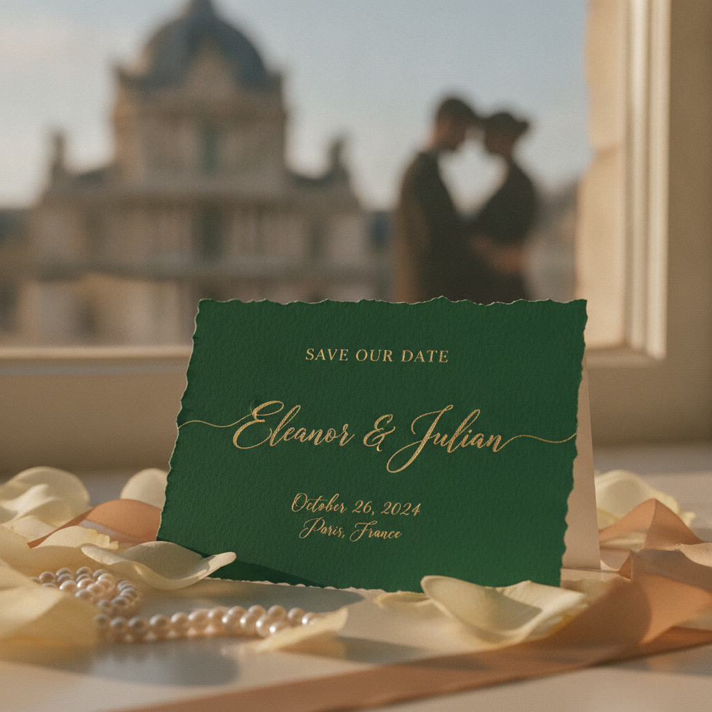 Una elegante tarjeta de 'Save the Date' minimalista con caligrafía dorada sobre un fondo verde esmeralda, mostrando claramente los nombres, la fecha y la ciudad.