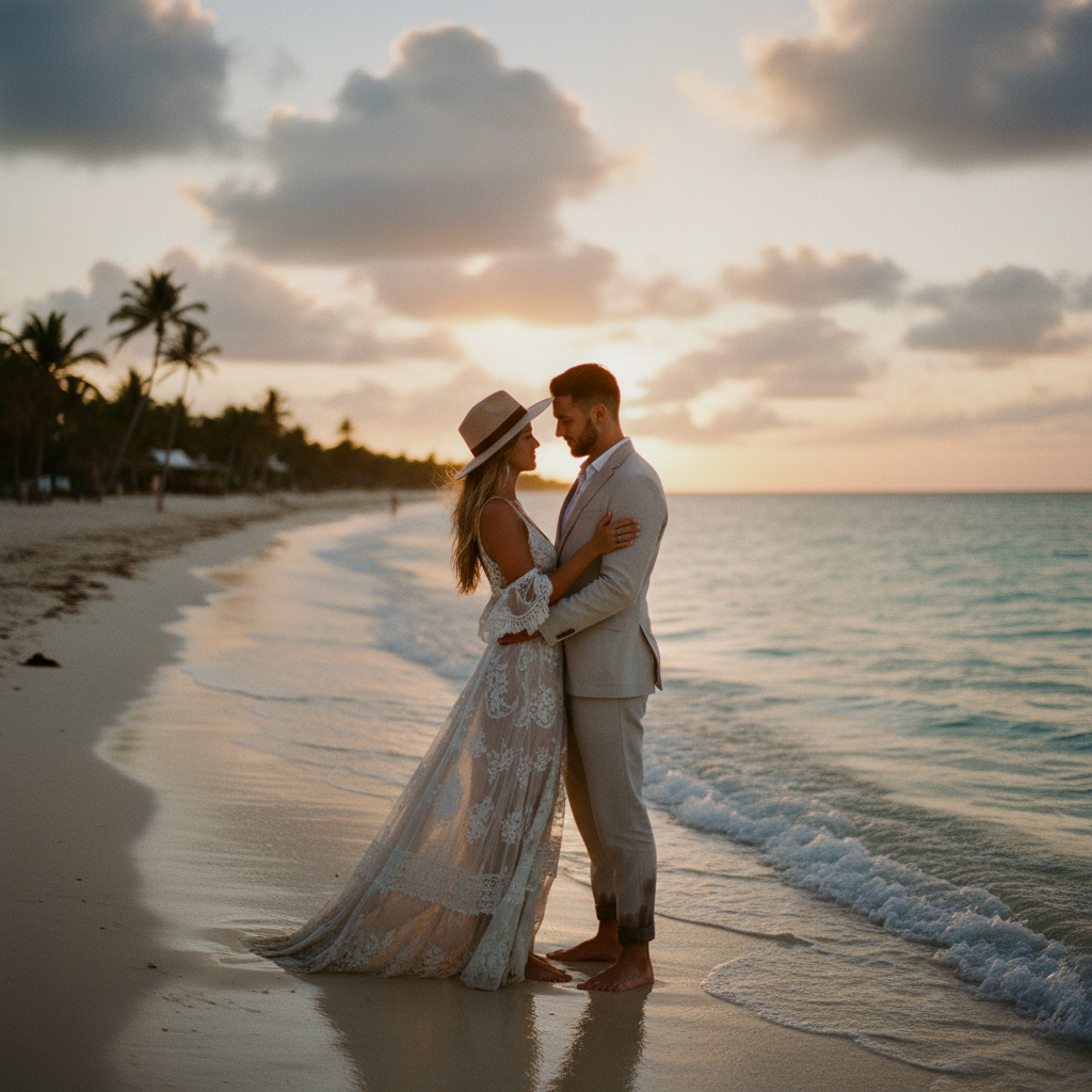 Pareja de recién casados disfrutando de una playa paradisíaca en Tulum al atardecer, con aguas turquesas y palmeras.