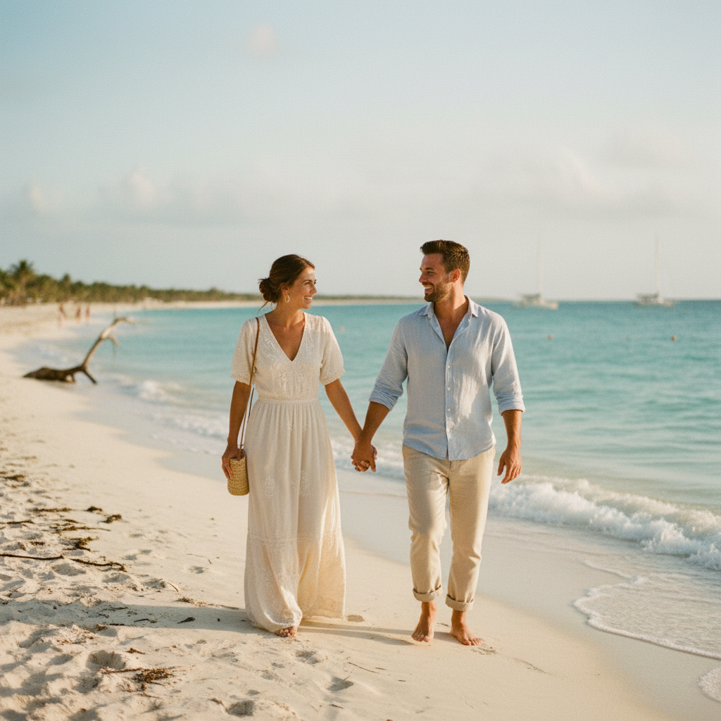 Pareja caminando en la playa durante su luna de miel en Tulum, para ilustrar cuánto cuesta el viaje